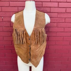 Vtg Mona Mode Suede Fringe Vest Womens Medium Brown Western Boho Cowboy Hippie